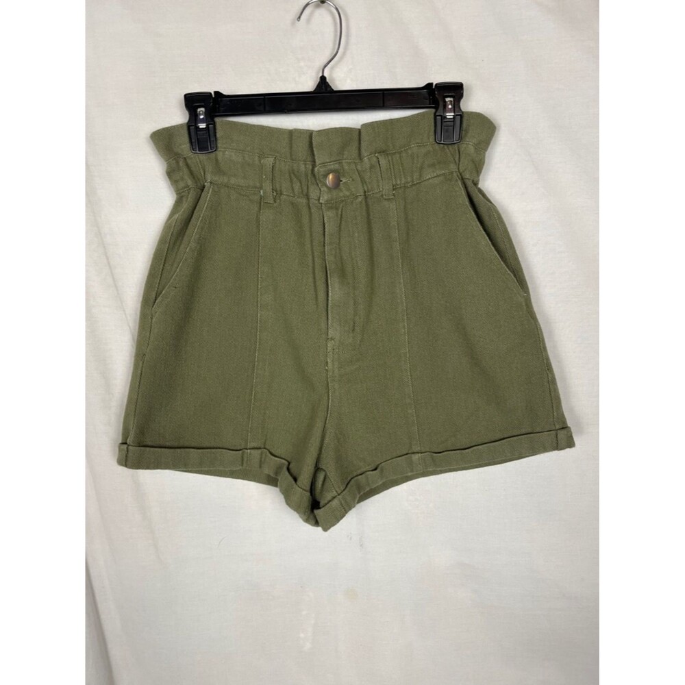 La February Olive Green High Rise Ruffle Cotton Shorts
